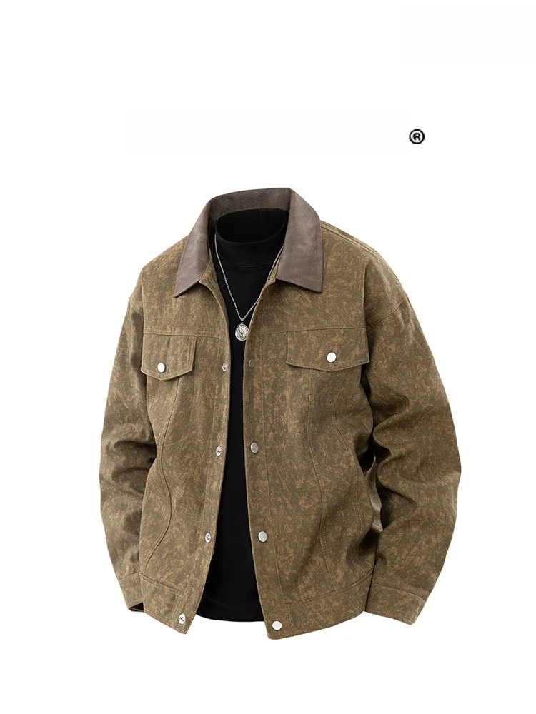 

Retro Worn-Resistant Workwear Jaet for Men with Stand Collar Multi-ket Polyester Fiber Spring Autumn Outerwear