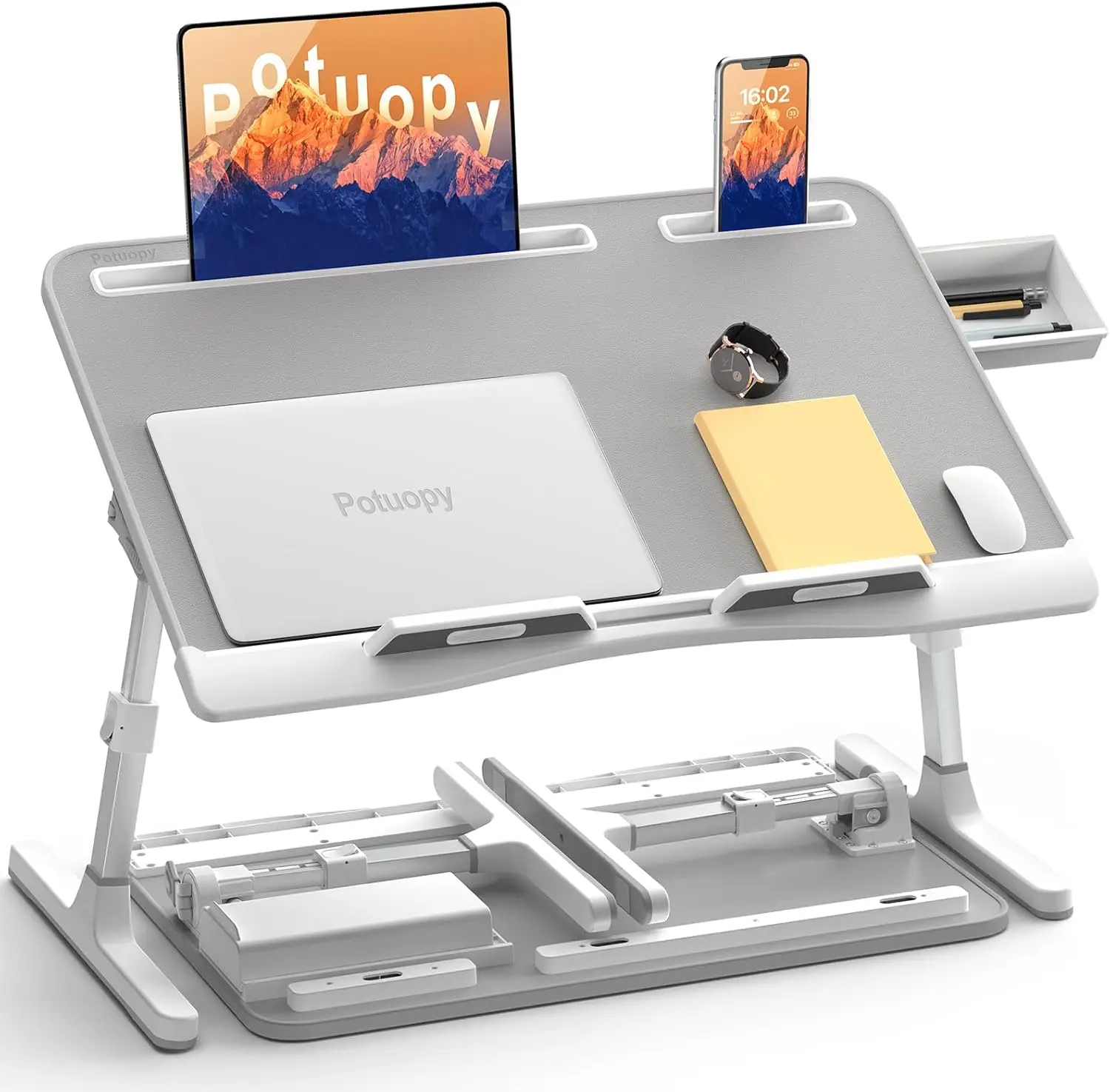 

Adjustable Laptop Stand for Bed, Large Folding Desk with Drawer, Grey - Comfortable and Stable
