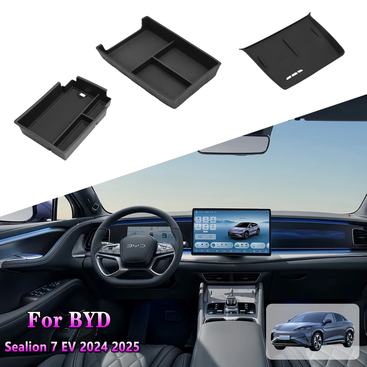 Car Center Console Organizer For BYD Sealion 7 EV 2024 2025 Armrest Storage Box car Lower Layer Storage Box Interior Accessories