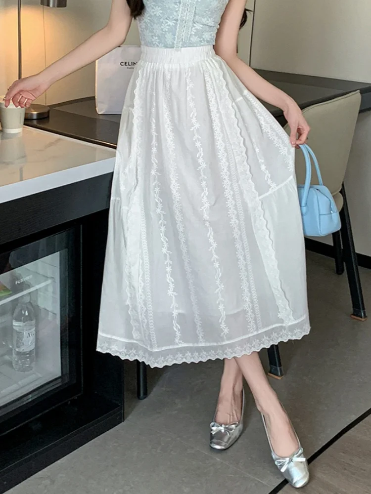 

SMTHMA New Fashion White Lace Embroidery Mid-Length Skirt For Women New Spring Summer High Waist A-line Big Swing Fairy Skirt