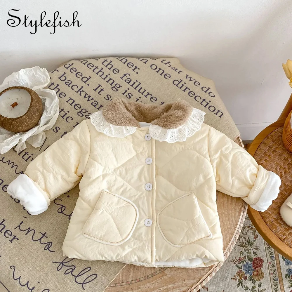 

Winter New Baby Girls' Infant and Toddler Warmth Thickened Long Sleeve Fur Polo Collar Clear Color Pressed Cotton Coat