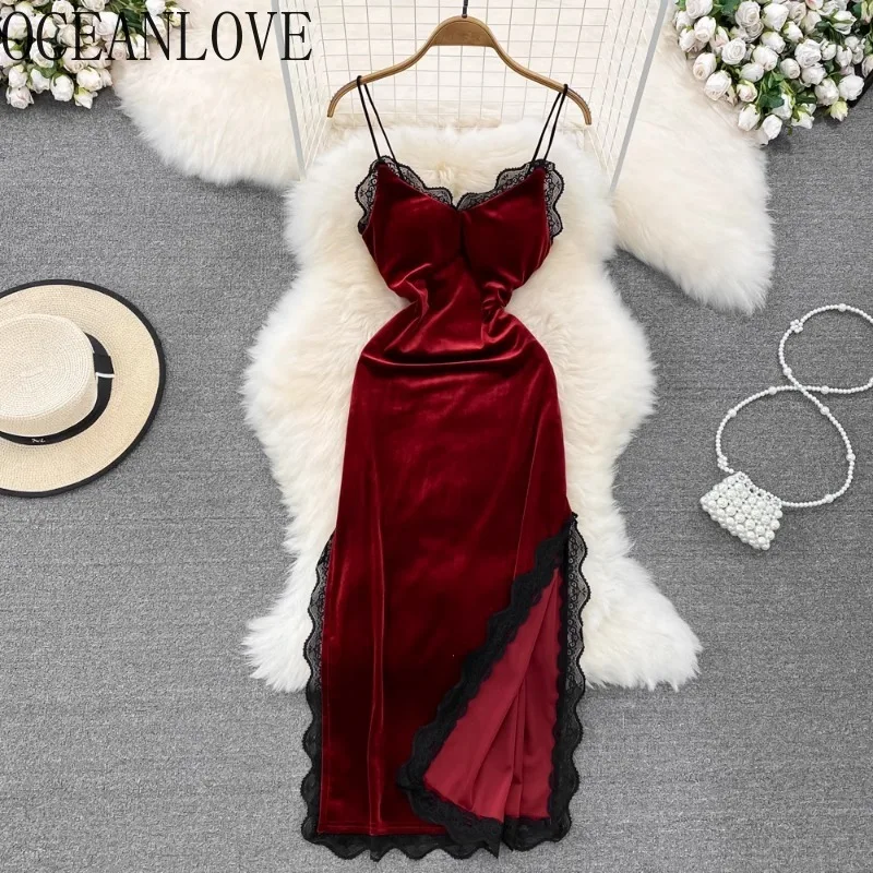 OCEANLOVE Velvet Hot Sexy Party Dresses for Women Lace Patchwork Autumn Winter Vintage Vestidos Korean Fashion V Neck Long Dress