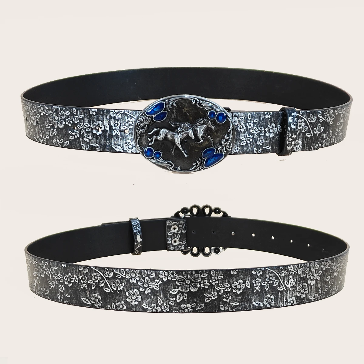 Neuer PU-Ledergürtel mit Flora-Muster für Herren und Damen, lässiger Jeansgürtel in Übergröße, luxuriöser Designer-Modegürtel in Türkis, Punk-Stil – Detail 2