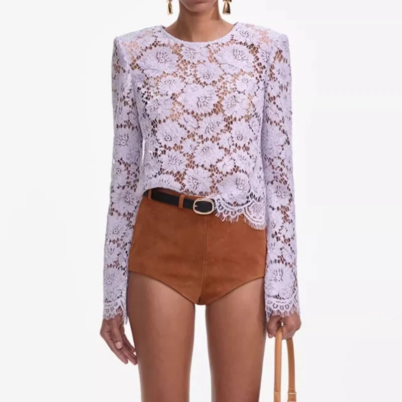 

Summer 2025 Women's round Neck Lace Hook Flower Hollow out Bell Sleeve T-shirt Y2K High Quality Fashion See-through Casual Top