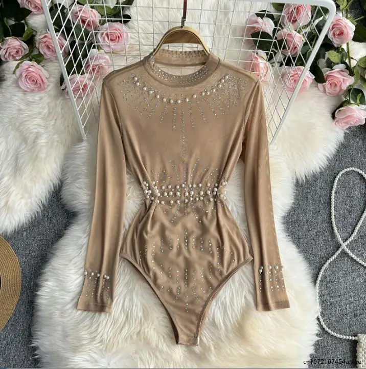 

Summer Sexy Beading Sequins Mesh Bodysuits Women O Neck Party Club Long Sleeves Ladies Fashion Solid Rompers Playsuits