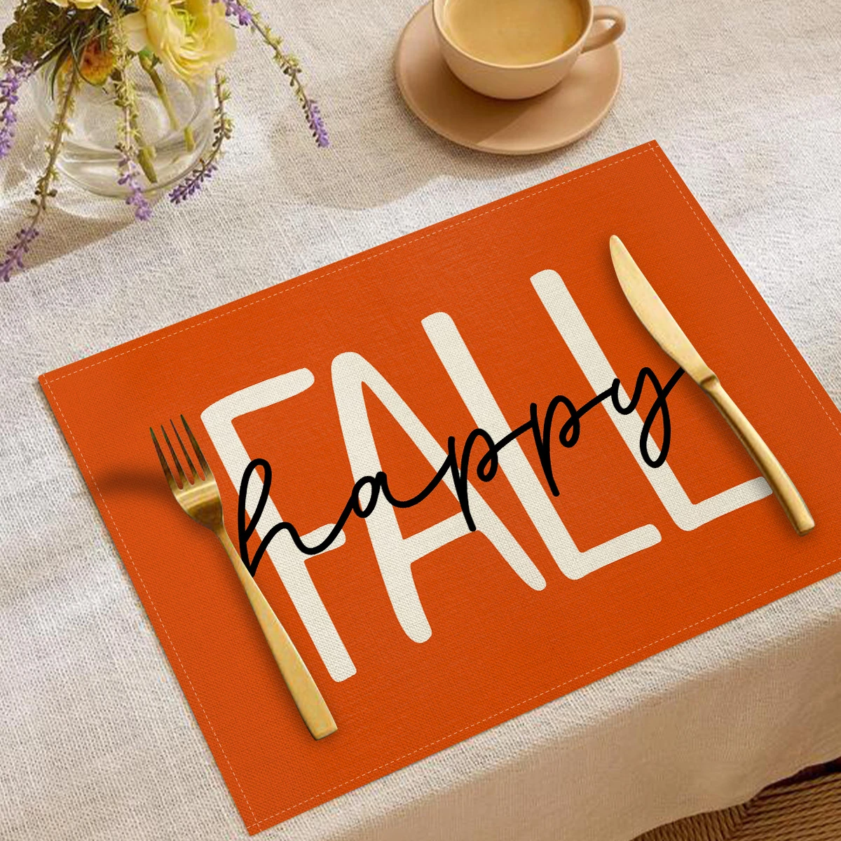 VIKAMA Hello Pumpkin Fall Linen Square Placemats, 6 Assorted Designs, Non-Slip Washable Dining Table Mats