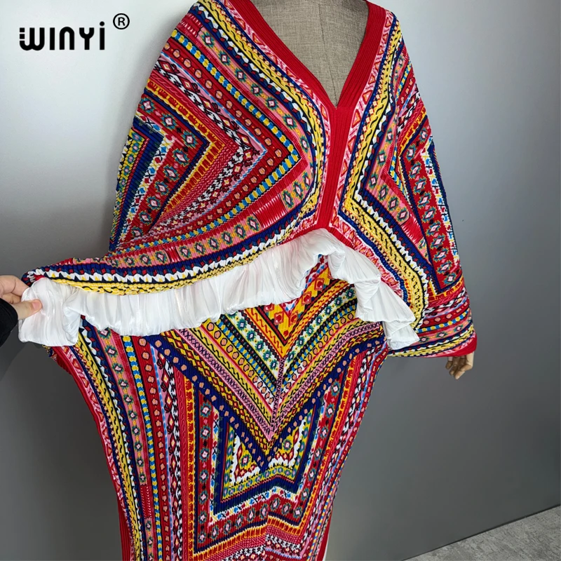 เดรสพิมพ์ลายสไตล์โบฮีเมียน WINYI สำหรับผู้หญิง ดีไซน์ยับๆ ทรงหลวม ชุดเดรสยาวแบบแม็กซี่ สไตล์ผู้หญิง ชุดเดรสสำหรับวันหยุด งานปาร์ตี้ ชุดเดรสจีบหรูหรา