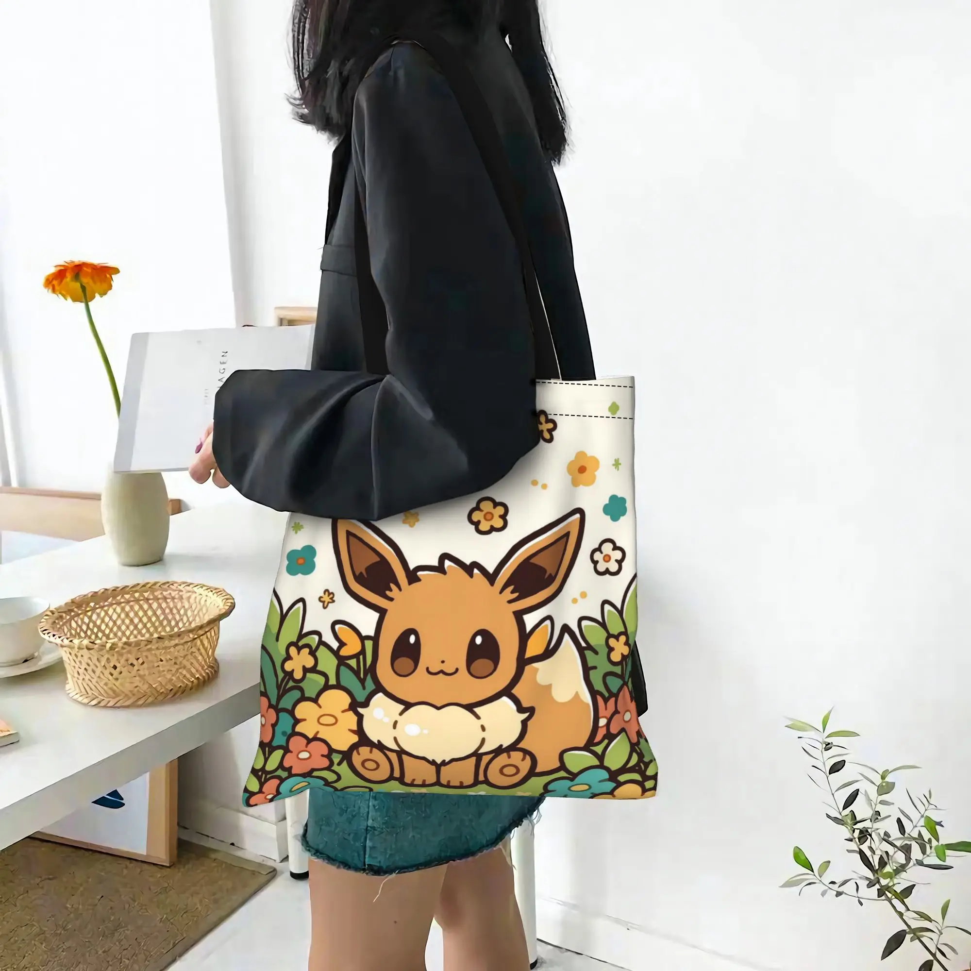 Customized pokemon Women's Bag Shopping Bag Reusable Double Sided Canvas Tote Bag Shoulder Eeveelution Handbag