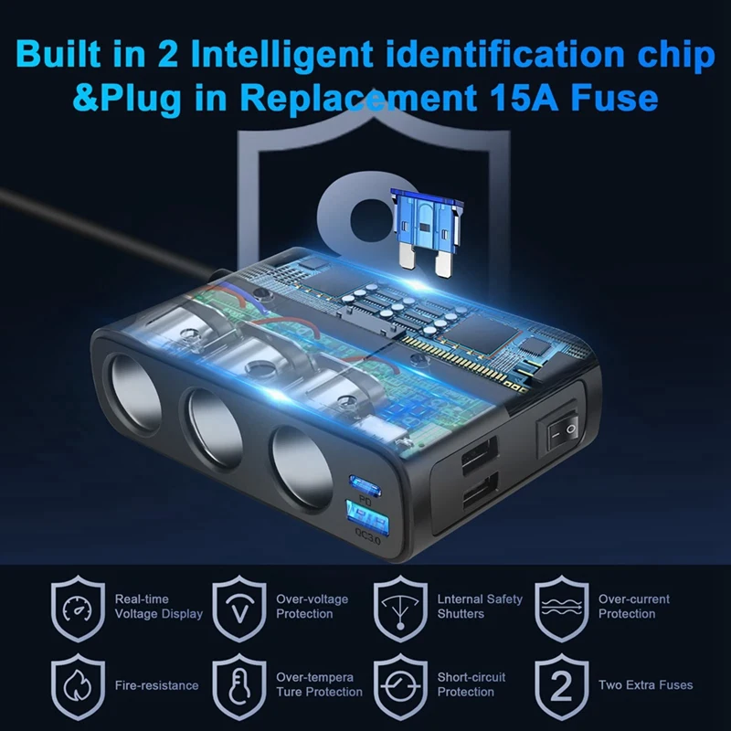 7 in 1 차량용 충전기 어댑터 분배기, 3 소켓 전원, 12V, 24V, C타입 및 2 USB 충전 포트, LED 전압 디스플레이