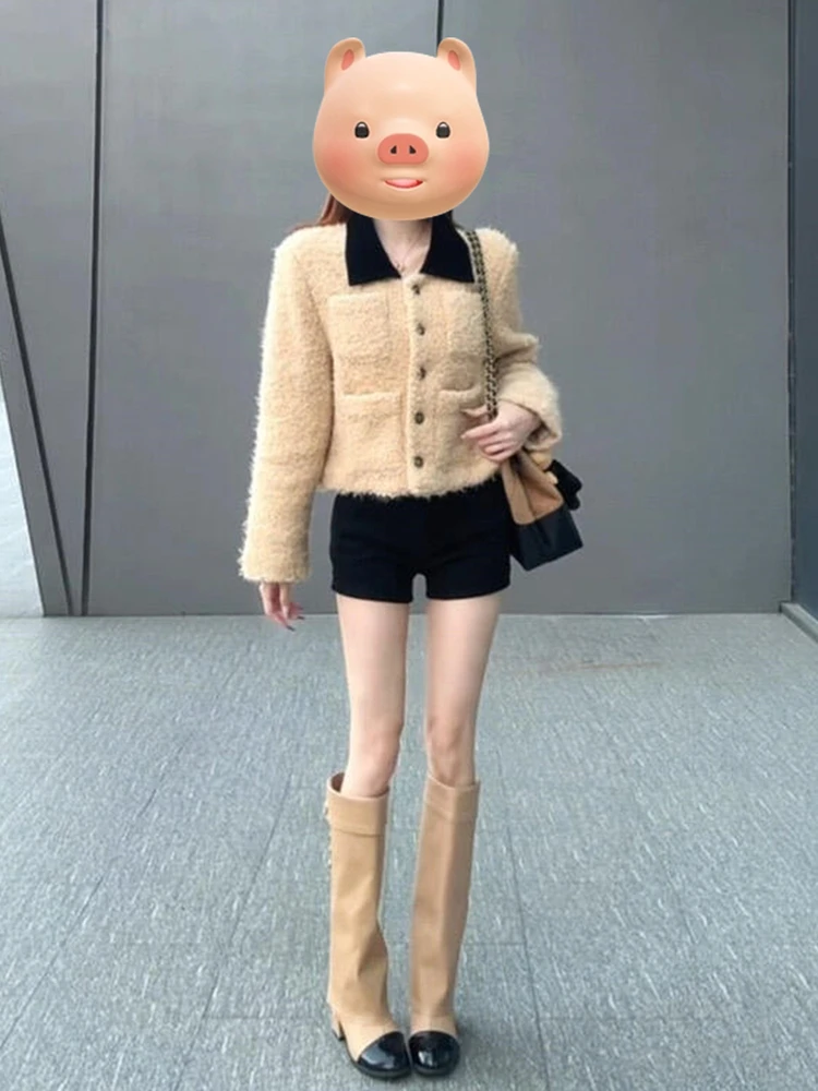 

Женская куртка из овечьего меха с коричневым воротником, пальто премиум-класса, маленький размер Fem Faion, осенне-зимняя верхняя одежда