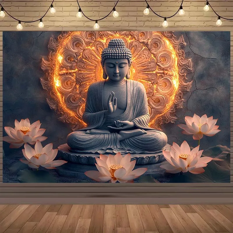 Tapisserie murale 2D plate, 1 pièce, Statue de Bouddha dorée, Mandala Fleur de Lotus, Art spirituel Zen, Décoration de salle de méditation, Géométrie sacrée