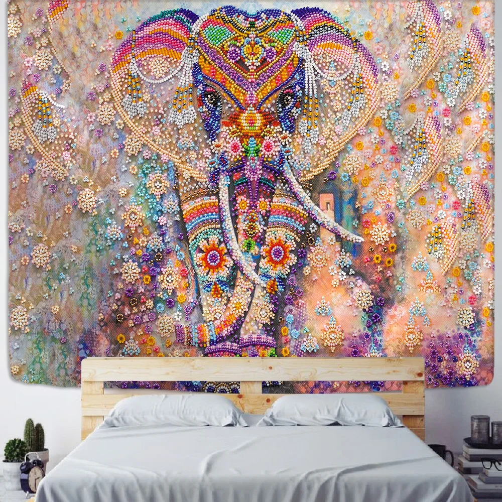 VIKAMA Böhmischer Wandteppich, Elefant, blühendes Totem, Schlafzimmer, Wohnzimmer, Balkon, Dekoration, exotische Wind-Raumdekoration