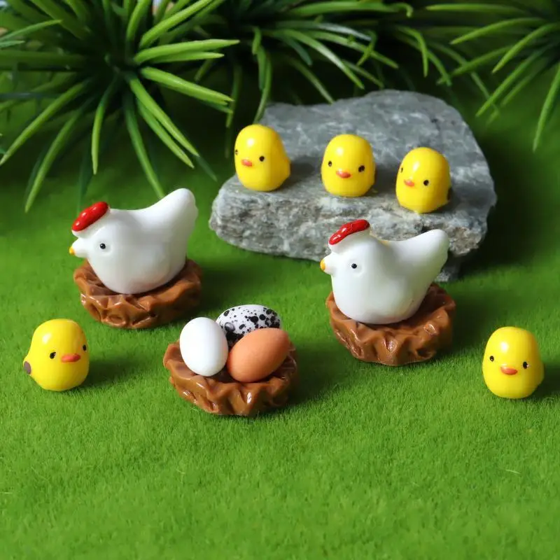 Chicken Egg Nest Figurine Miniatures Cute Cartoon Style Home Decor for Shelf Bonsai Office Desktop Birthday Gift
