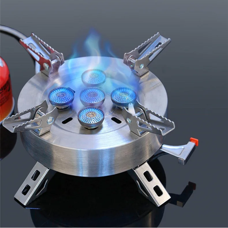 Kempingowa kuchenka gazowa o mocy 12800 W, składana, przenośna, wiatroszczelna kuchenka kempingowa z 5 głowicami