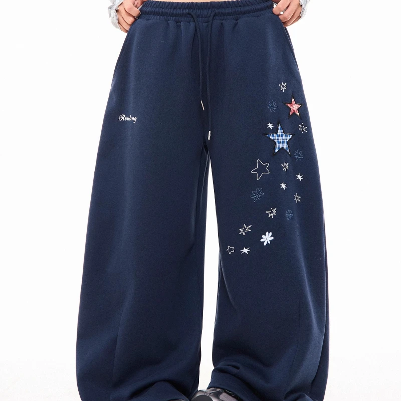 الأمريكية الرجعية تصميم منقوشة ستار التطريز الرباط المرأة عارضة السراويل الخريف جديد فضفاض تنوعا واسعة الساق السراويل للنساء #6