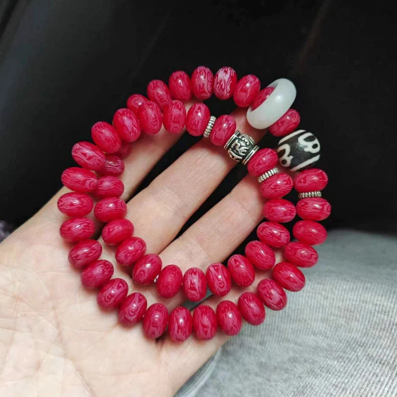 Purple-red Bodhi six-character mantra double-layer bracelet with white jade running beads, Bodhi Buddha beads for prayer