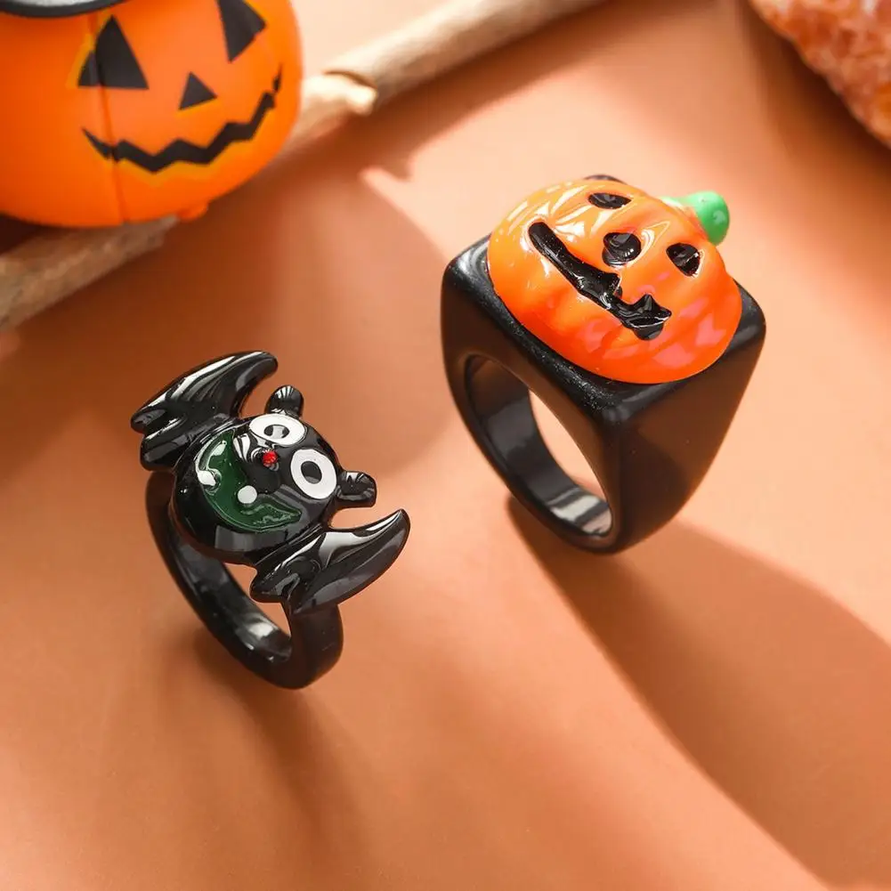 Festive Halloween Ring Halloween Hop Style Bat Pumpkin Rings for Unisex Street Jewelry Party Hand Decoration Set of 2 Smooth