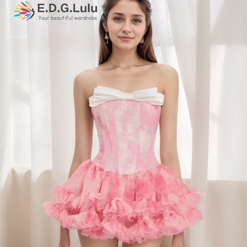 

EDGLuLu Designer White Bow Patchwork Strapless Dress Sweet Floral Print Mini Puffy Dress Sexy Backless Pink Party Dress 0313