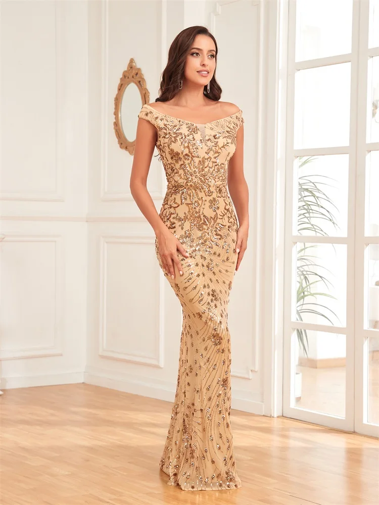 XUIBOL Luxury Arabia off-spalla Sexy abito da sera formale con paillettes per le donne elegante sirena Party Maxi Prom abiti da Cocktail lunghi