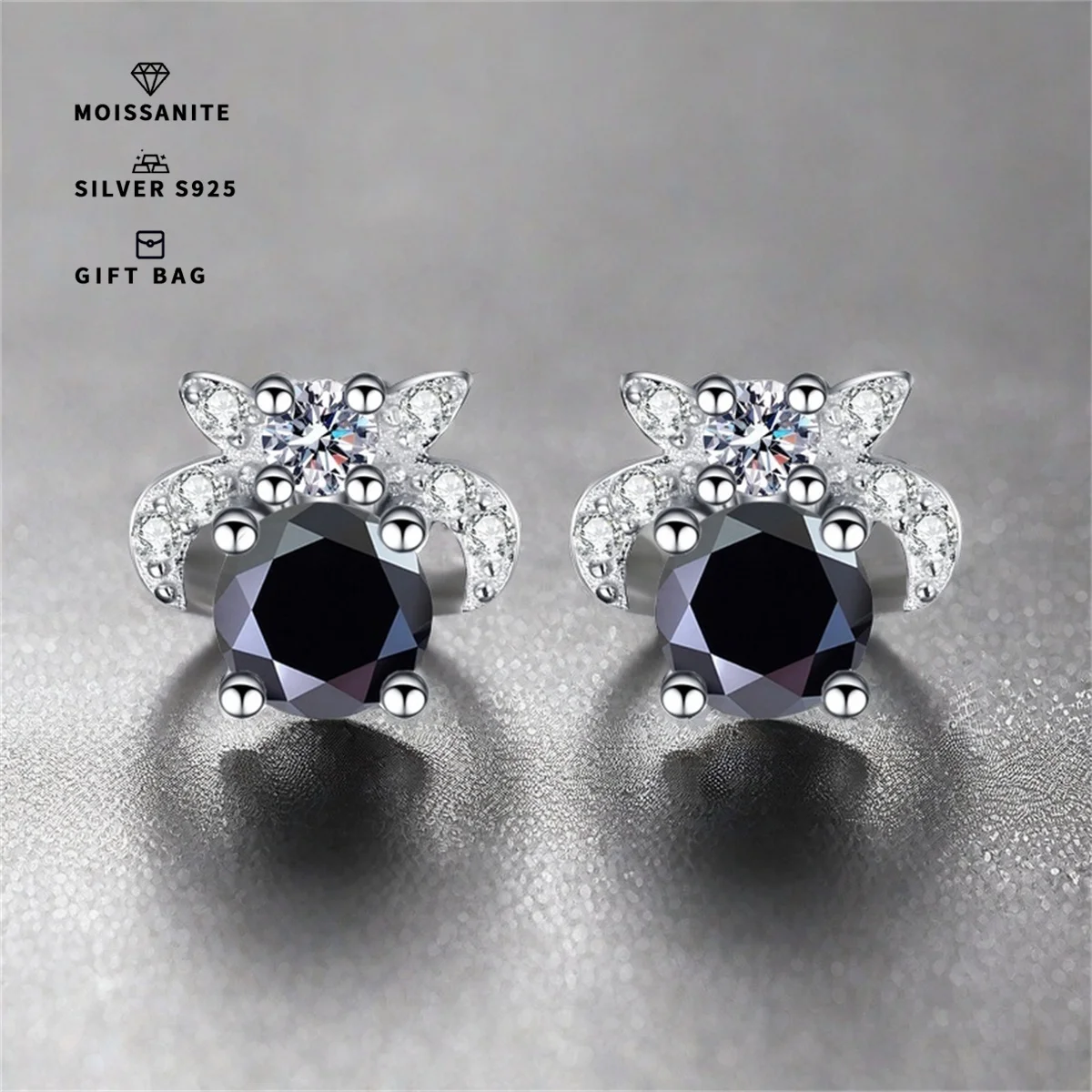 S925 silver Platinum plating allergy-resistant stud earrings are filled with sparkling Black ronud GRA Moissanite elegant luxury