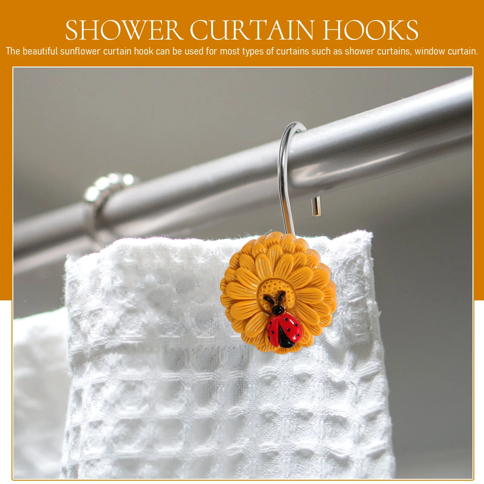 

12Pcs Ladybird Sunflower Curtain Hooks Shower Curtain Rings Decorative Hooks for Bathroom Bedroom Window Drapes Hanging