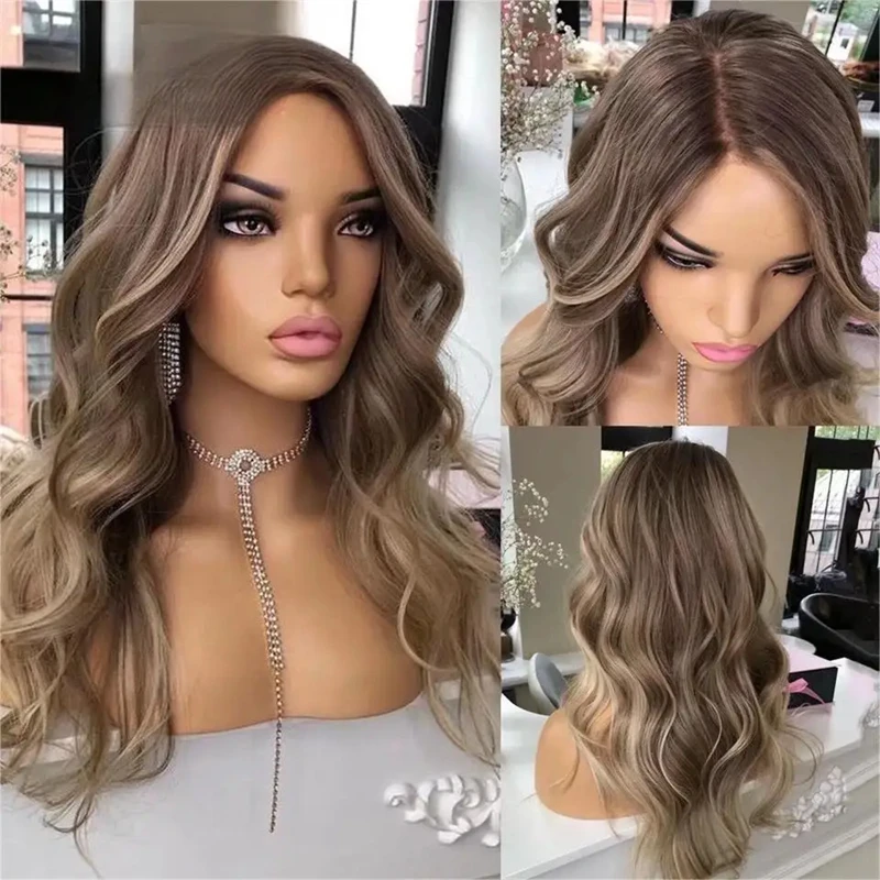 

100% Human Hair Full lace Frontal Wig Brown Roots Ash Blonde Transparent Swiss Lace 13x4 lace Front Wig Natural Wave For Women