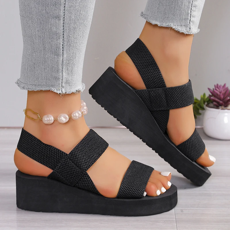 Leichte schwarze Keilsandalen für Damen, 2025, Sommerkomfort, rutschfeste Strandschuhe, Damen, elastische Strickplattform, Alias Mujer