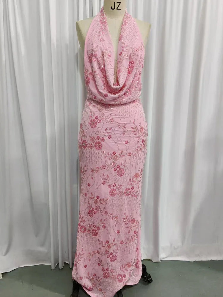 Sparkle Backless Sexy Maxi Dress Women Gown Elegant Halter Deep V Neck Sleeveless High Waist Bodycon Club Party Dresses