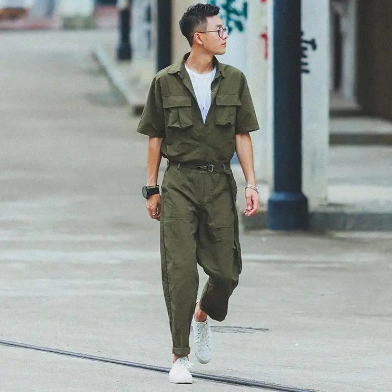 

Мужской ретро-комбинезон в японском стиле, комплект с коротким рукавом, уличная одежда, модный комбинезон-брюки для мужчин