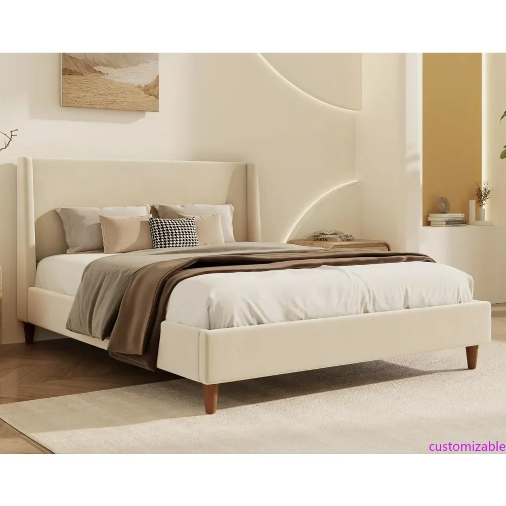 

Velvet Queen Bed Frame with Wingback Headboard, Solid Wood Upholstered Platform Bed with Round Legs