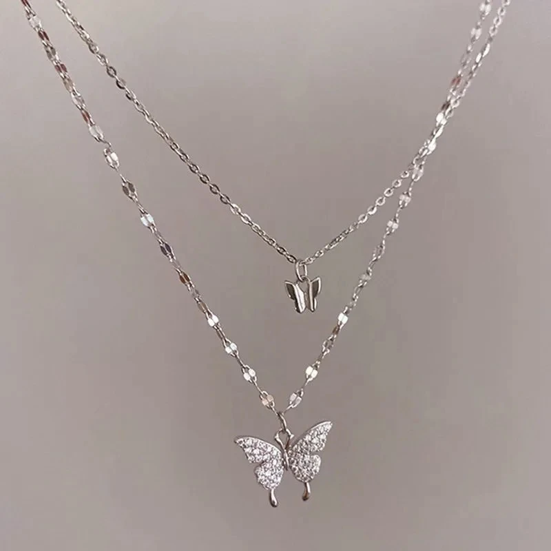 925 Sterling Silver Shiny Butterfly Necklace Women Exquisite Double Layer Clavicle Chain Necklace Jewelry For Ladies Gift