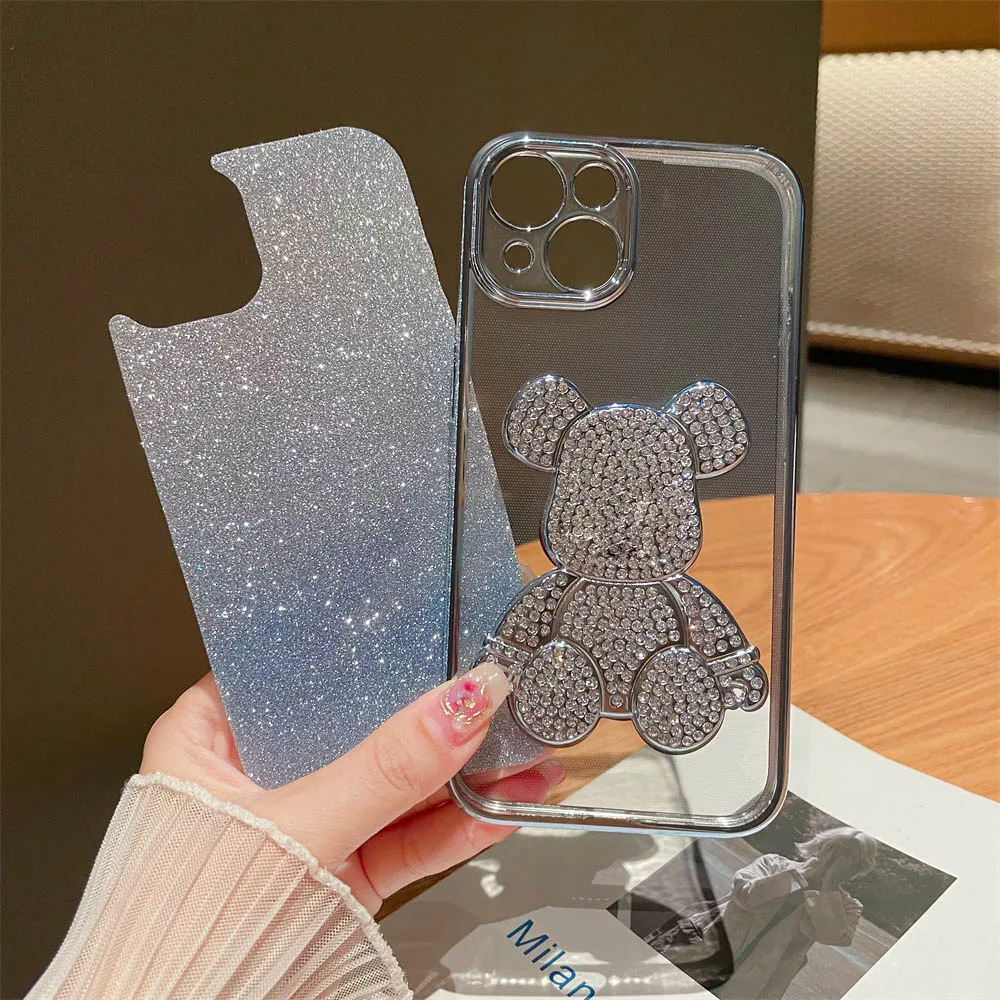 Fashion Crystal Bear Clear Phone Case for iPhone 15 14 13 12 11 Pro Max 14 Plus Plating Frame Gradient Glitter Shockproof Cover