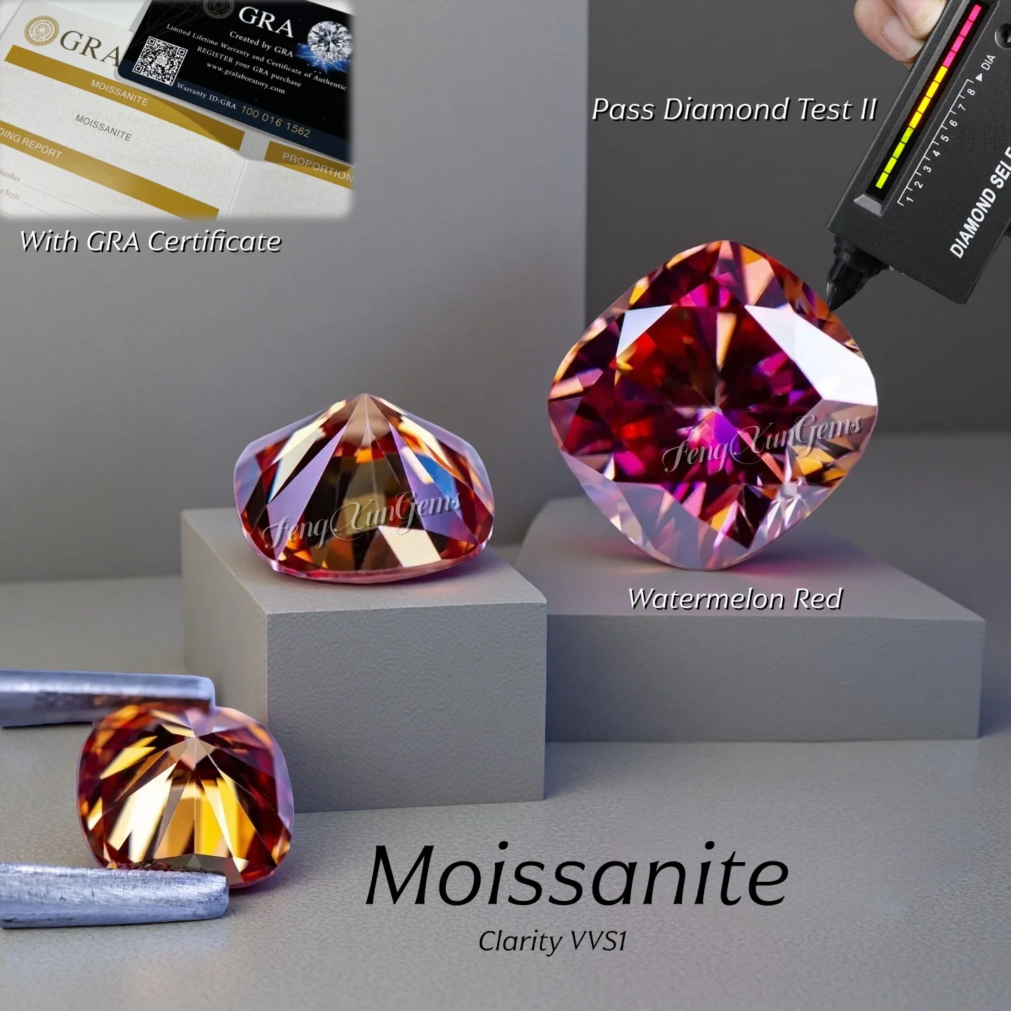 

4.5x4.5~11x11mm Pretty Cushion Cut Watermelon Red Loose Moissanite Gemstone With GRA Certificate Fine For Accessories Inlay