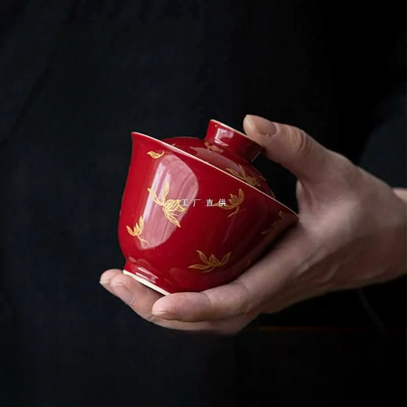 Lang Red Hot Foil Orchid Cover Bowl Red Ceramic Tea Bowl National Style Wedding Ceremony Tea Bowl Tea Cup Chinese Style