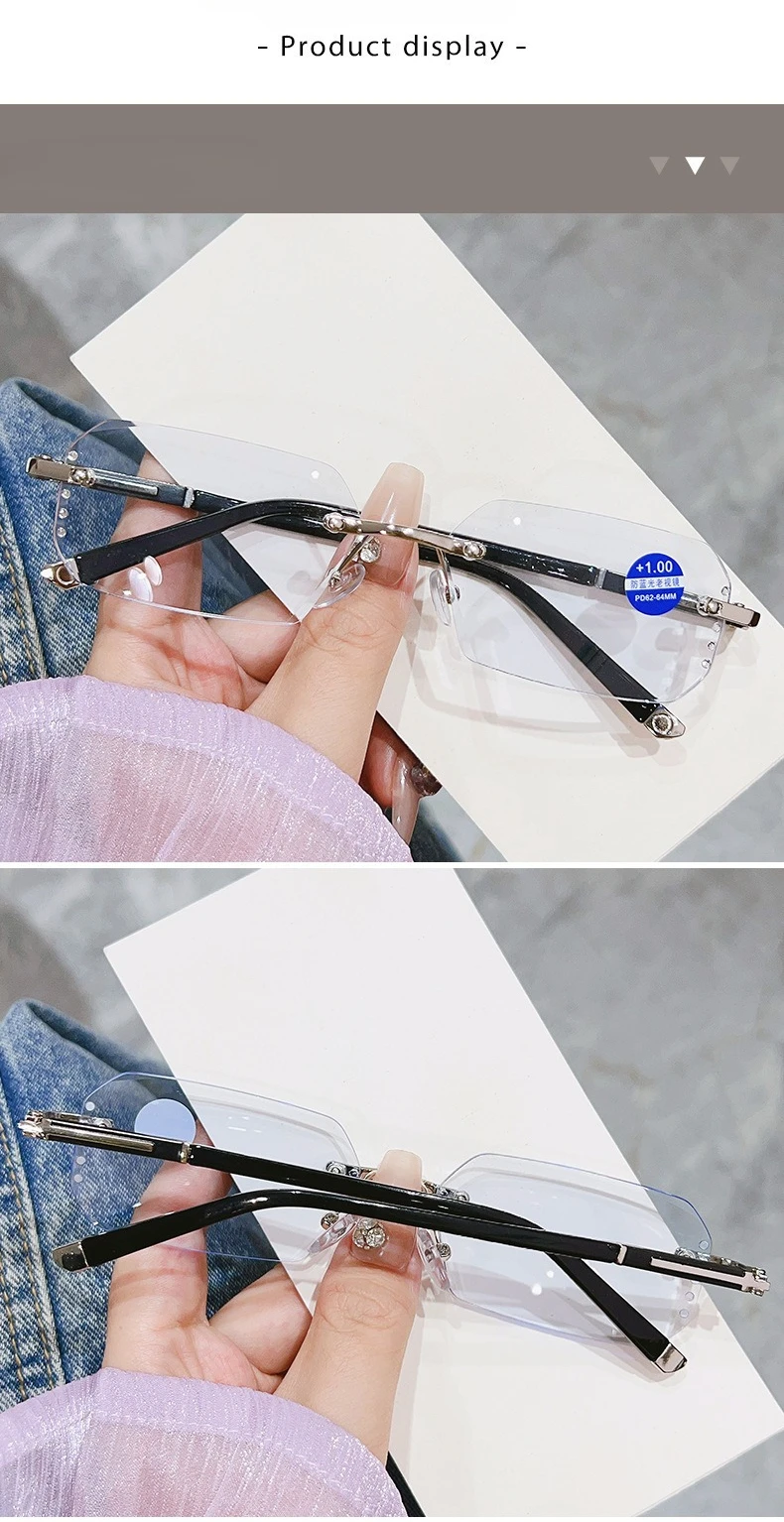 Modische rahmenlose Lesebrille mit Schnittkante, photochrome Anti-Blaulicht-Brille, modische Brille für Herren und Damen – Detail 8