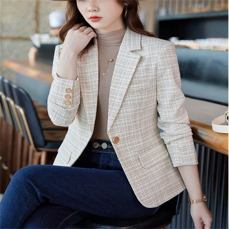 Checkered Coat Women Suit Jacket OL Popular Suits Top For Women Outwear High-end Plaid Suit Slim Casual Fabric Blazers