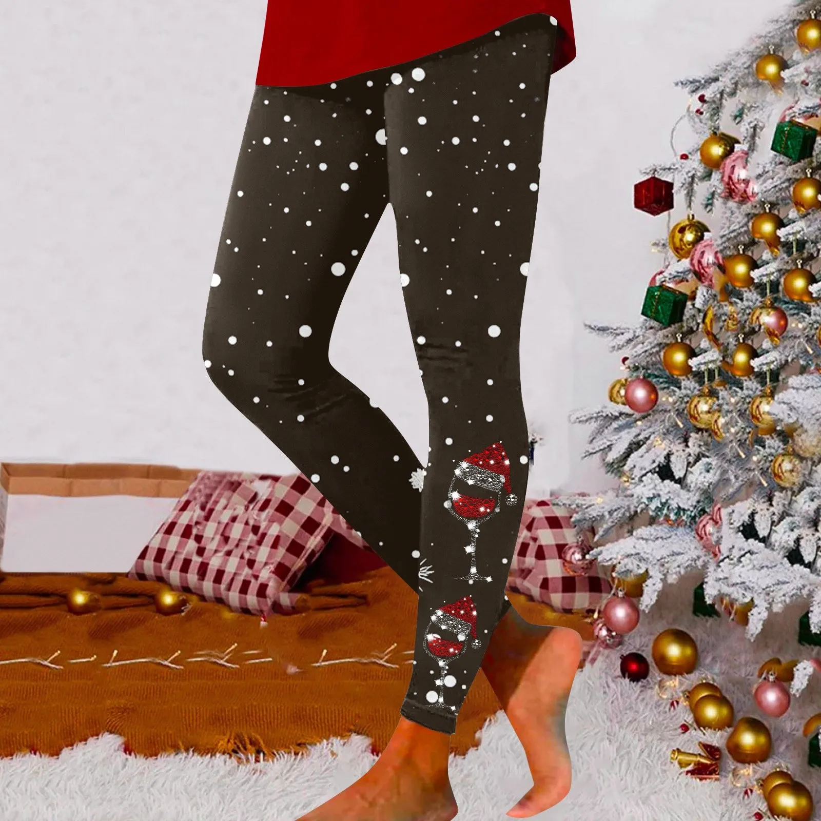 Leggings slim fit para mulheres, leggings estampados de Natal, cintura alta, casual sob a calça, exercício e ioga, feriado