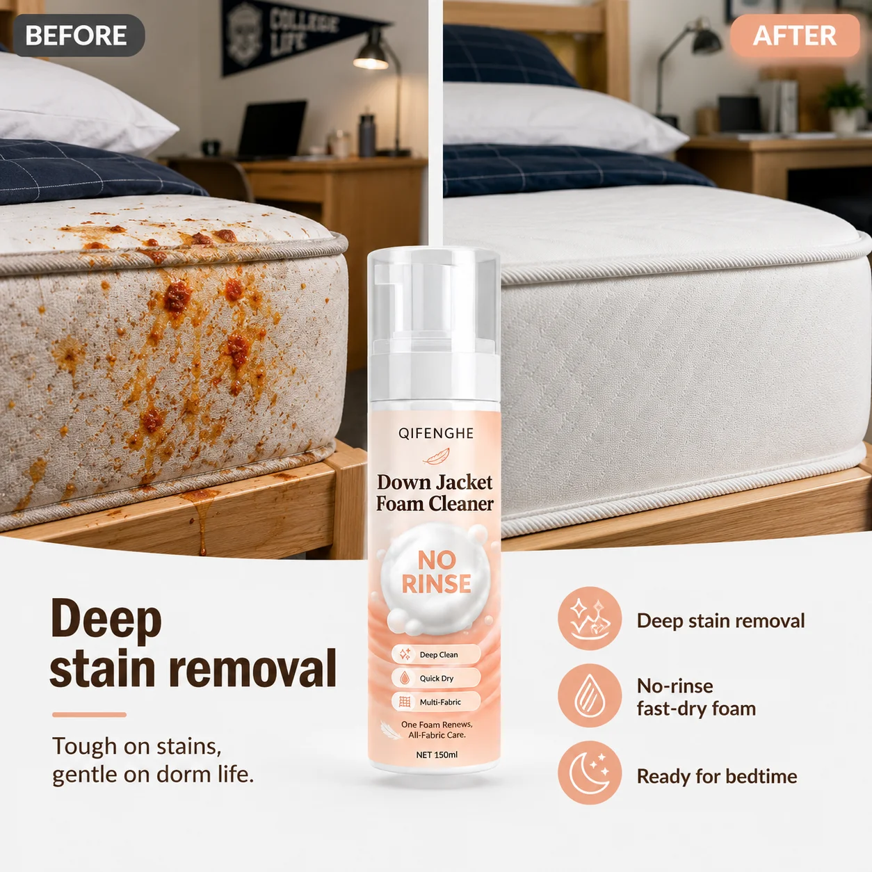 150ml No-Rinse Foam Dry Cleaner - Removes Stains from Jackets, Sofas, Carpets, Mattresses