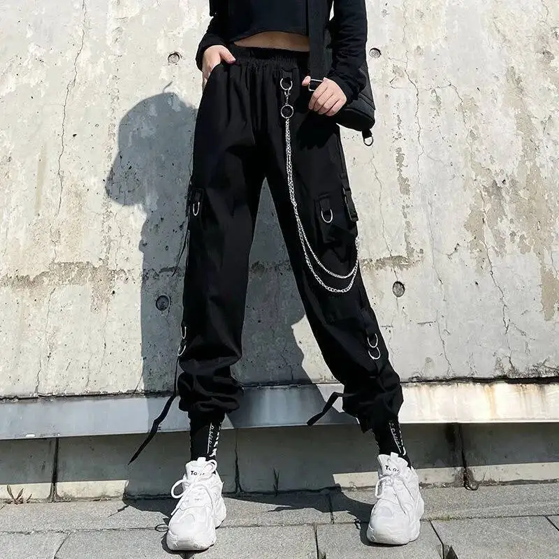Streetwear Women Multi Pockets Cargo Pants Hip Hop Casual Chain Black Joggers Trousers Fashion Harajuku High Waist Pants