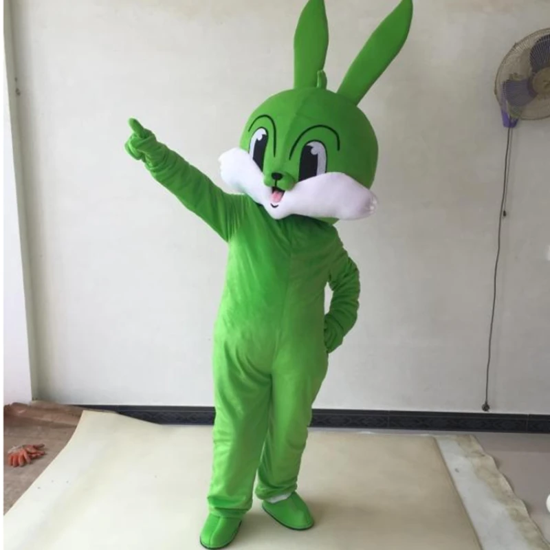 Coelho mascote roupas verde dos desenhos animados coelho cos cabeça conjunto adereços boneca roupas coelho deus da riqueza