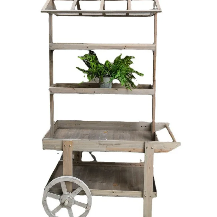 Hausgarten Außendekoration Terrasse Holzwagen Blumentopf Rädern Garten Display Blumen Pflanzenwagen