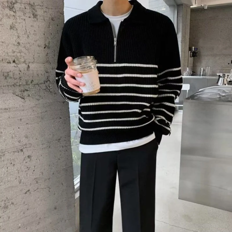 Men's Long Sleeve Striped Knit Polo Sweater Half Zip Pullover Autumn Winter Casual Warm Tops