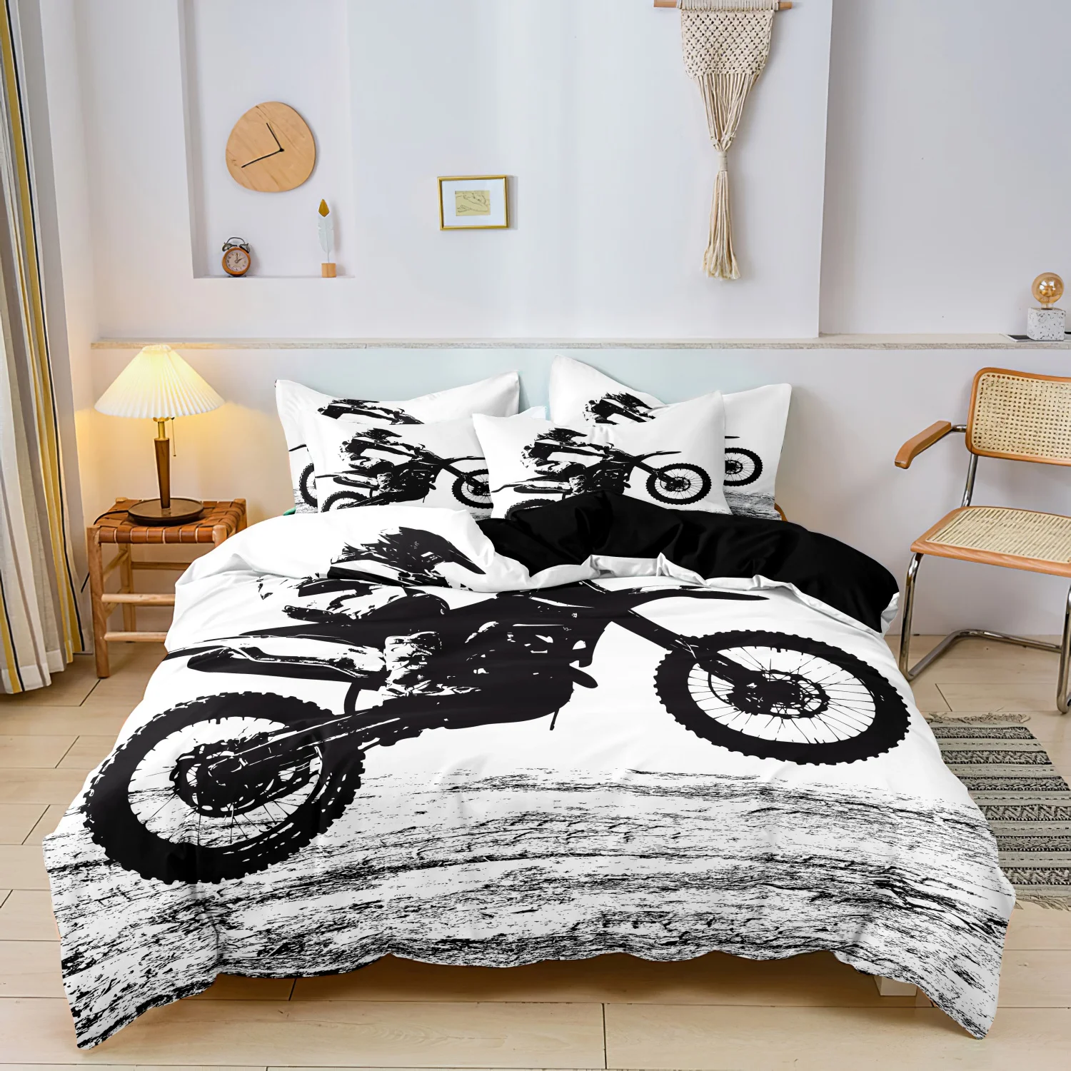 3 Pieces Retro Dirt Bike Rider Print Duvet Cover Set, Black Motocross Off-Road Sport Silhouette Pattern Bedding