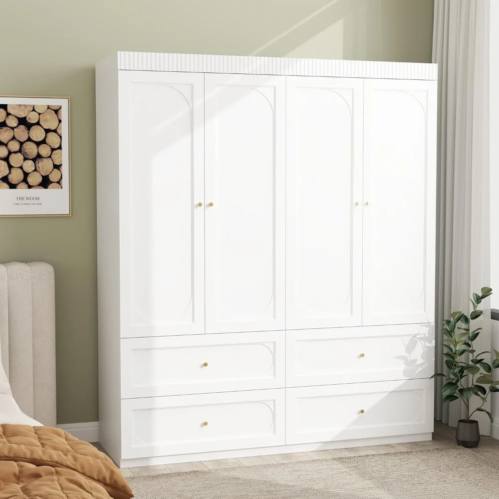 

White Wardrobe Closet with 4 Doors, 74" Modern Wardrobe Storage Wooden Closet with 4 Drawers, Large Bedroom Armoire with Hanging