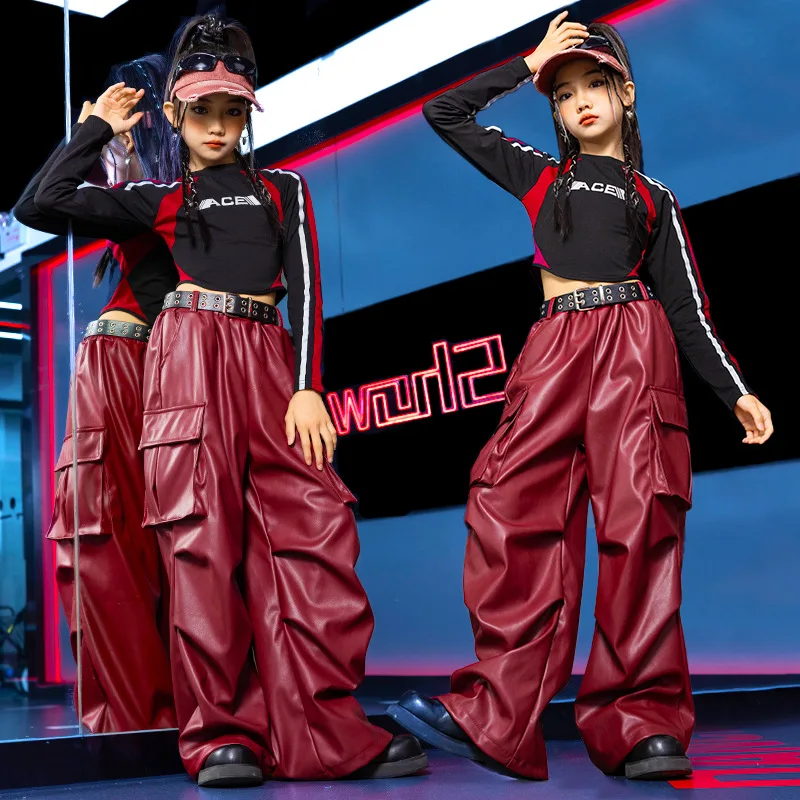 Enfant Kpop Hip Hop vêtements noir à manches longues t-shirt haut court vin rouge décontracté Cargo pantalon pour filles Jazz danse Costumes vêtements