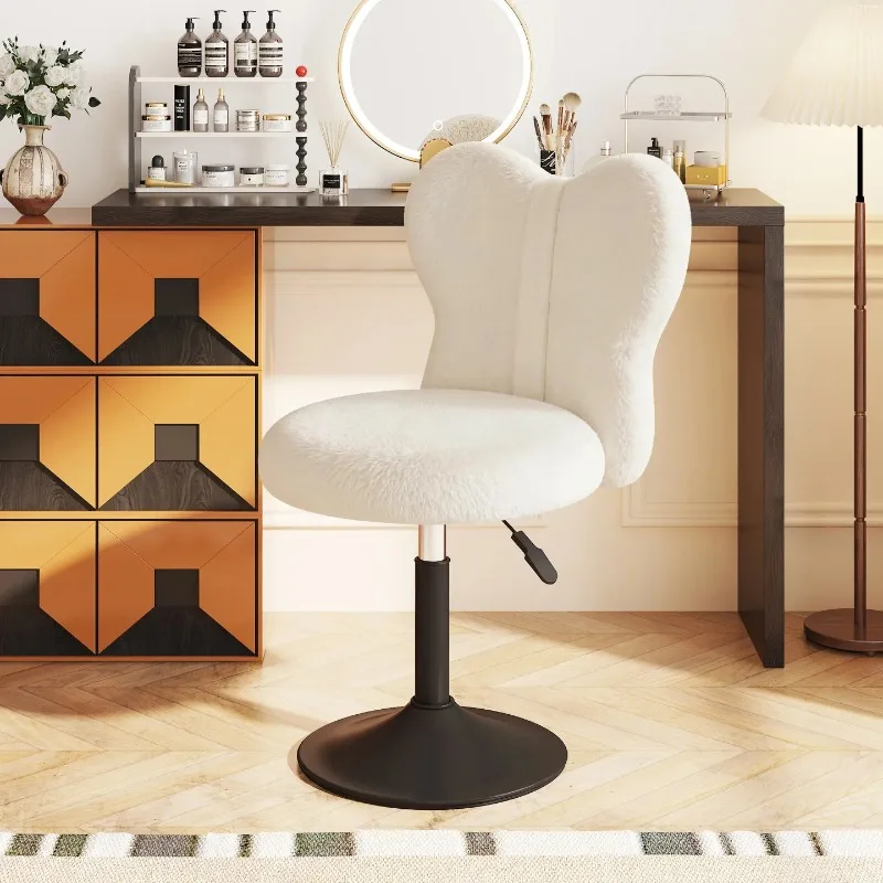 Adjustable Makeup Vanity Stool with Lamb Wool Upholstery Rotating Butterfly Backrest for Dressing Table, Height-Adjustable Chair