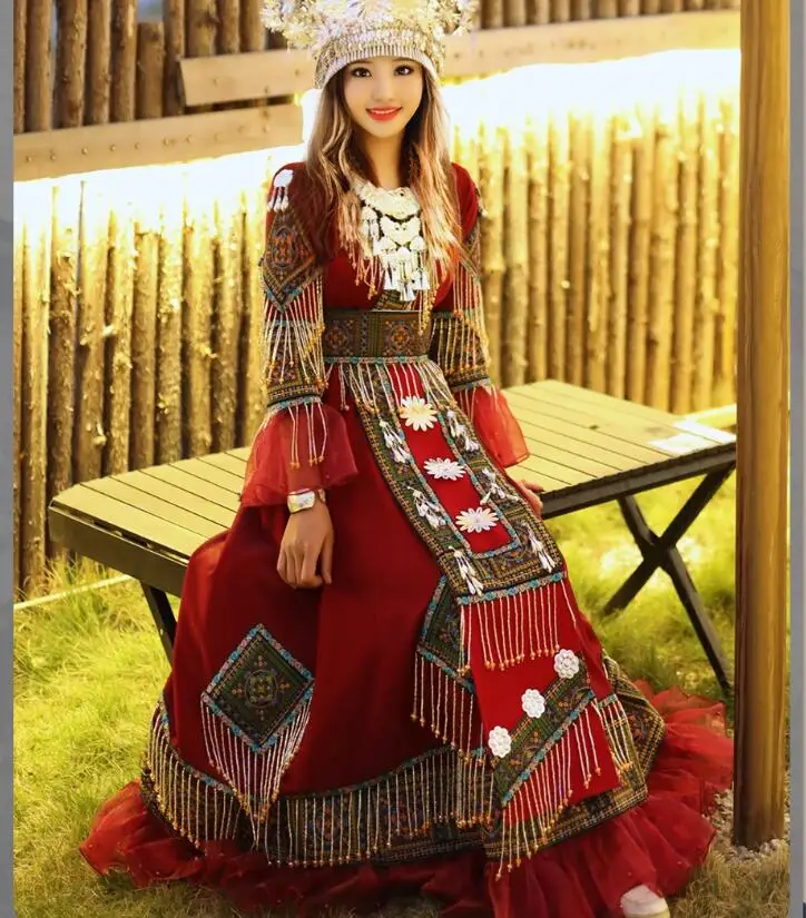 Chinese Miao Girl\'s Red Dress With New Ethnic Characteristics Embroidered Bead and Flower Bud Long Skirt