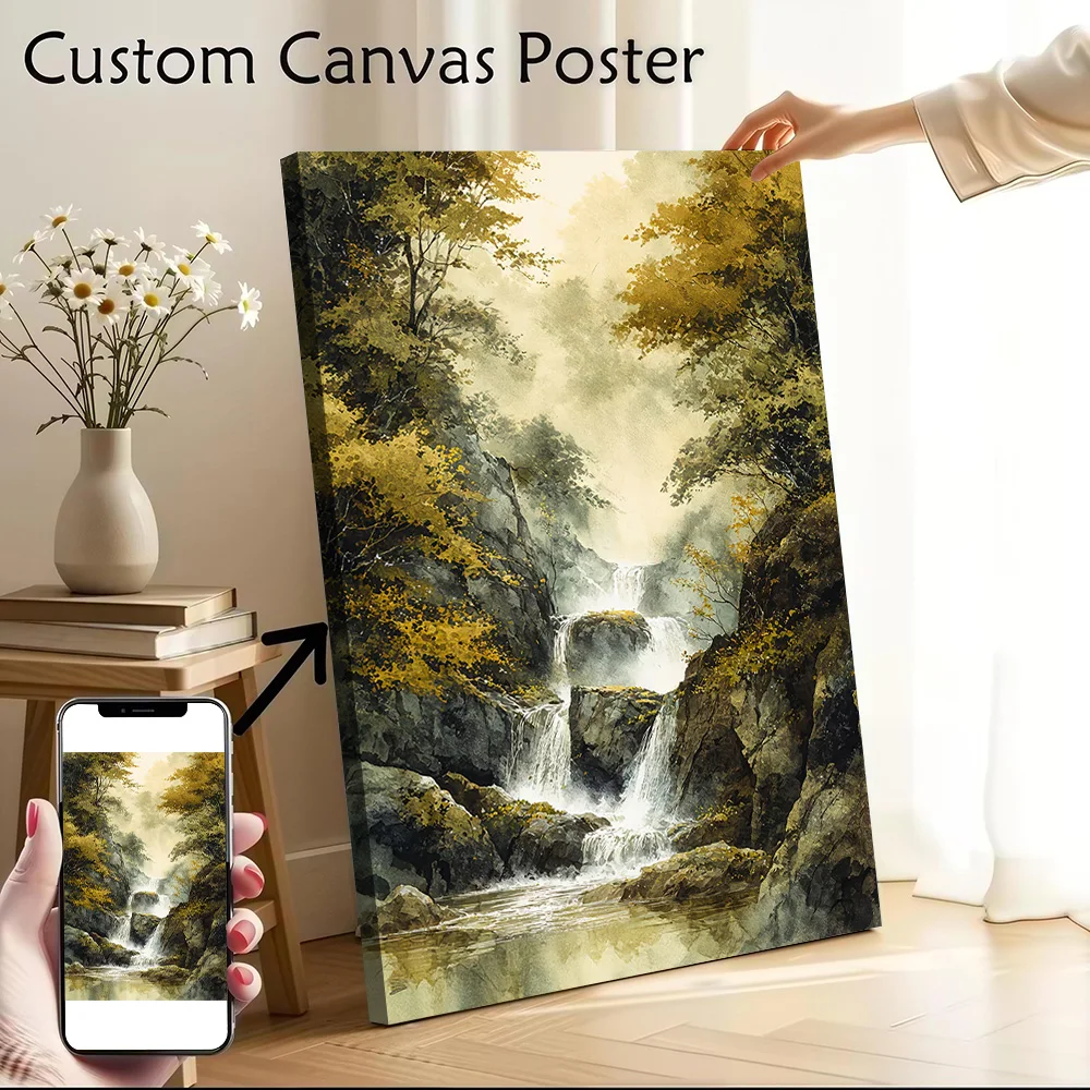 Forest Waterfall Watercolor Painting Art Canvas Poster Customizable Printed Canvas Painting Wall Art for Fans Gamer Decoration