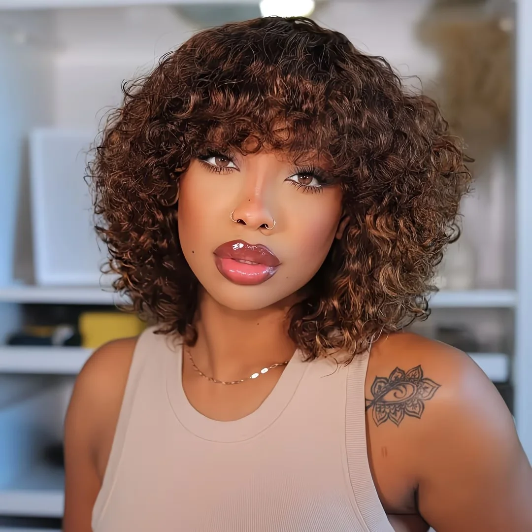 

Короткий парик из натуральных волос Honey Brown Deep Wave Remy с челкой, машинной работы