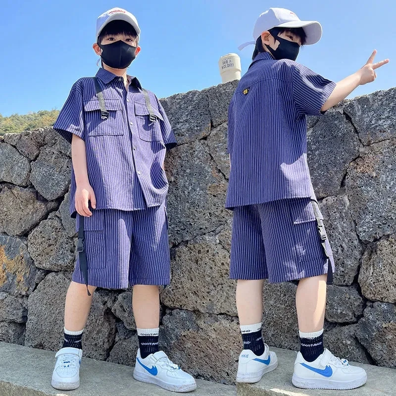 

Boys Set Summer New Children's Summer Clothing 2 Piece Set for Big Boys Fashionable Boys Handsome Casual Shirts and Shorts